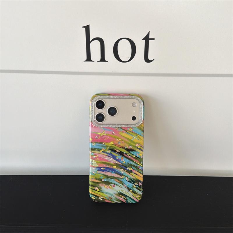 Colorful Rainbow Brushstroke Star Glitter Phone Case For iPhone 15 16 17 Pro Max INS Artistic Y2K Style Large Window Shockproof