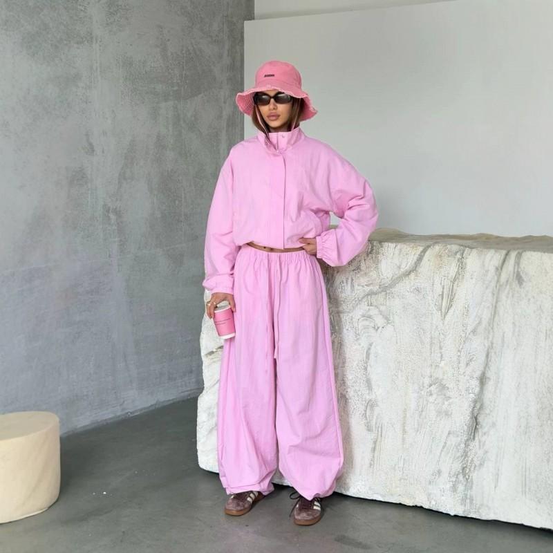 Womens Casual 2-Piece Set Stand Collar Zip-Up Jacket Wide-Leg Pants Streetwear