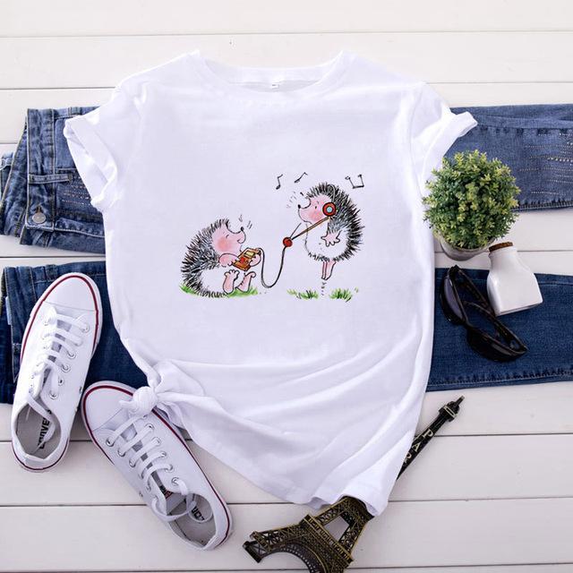 Cute Hedgehog Red Heart Balloon Print T Shirt Women Cartoon Animal Love Graphic Short Sleeve Valentine Casual Aesthetic Tee