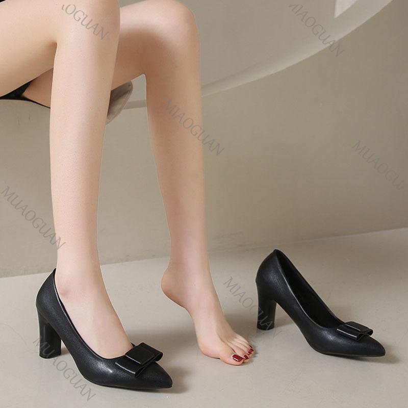 Elegant Heel Women's Shoes Spring Auutmn New Bow Ladies Temperament Thick High Heels Pointed Toe Woman Shoes Solid Women's Heels