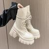 Women's Mid-Calf Boots New Fashion Lace-up Patent Leather Chunky Shoes Autumn High Heel Platform Black Motorcycle Boots