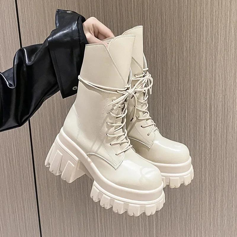 Women's Mid-Calf Boots New Fashion Lace-up Patent Leather Chunky Shoes Autumn High Heel Platform Black Motorcycle Boots