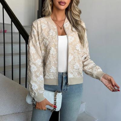 Women Floral Jacquard Zip Up Bomber Jacket Ribbed Trim Long Sleeve Casual Short Coat