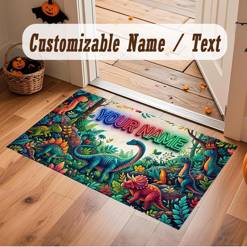 Dinosaur Theme Soft Crystal Velvet Rug Custom Name & Text Print Non Slip Floor Rug for Bedroom Living Room