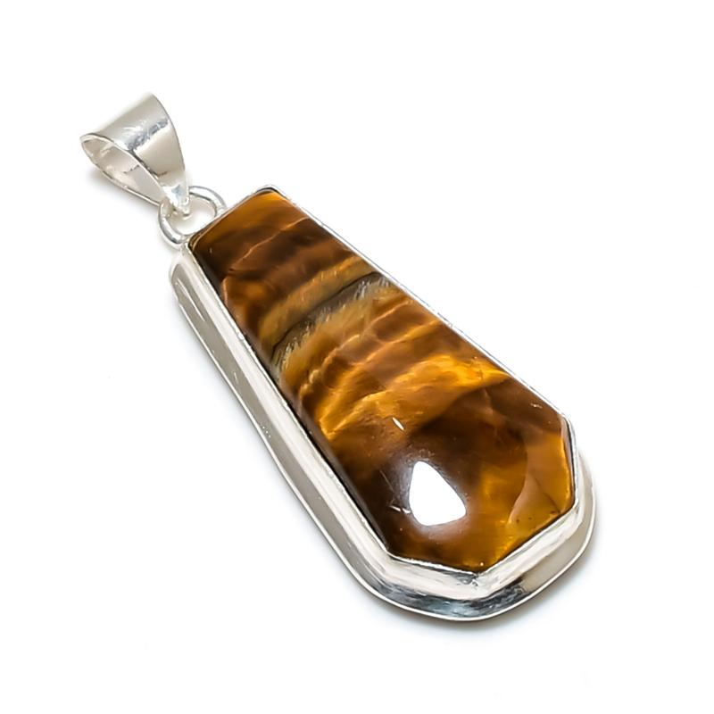 Natural Tiger Eye Gemstone Pendant 925 Sterling Silver- Handmade Coffin Design, Everyday Wear Jewelry, Unique Tiger Eye Pendant Party Wear Gifts