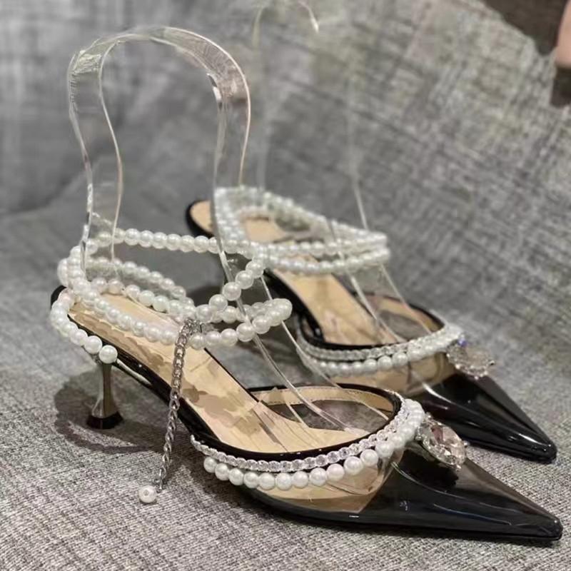 Luxury Rhinestones Pearls Women Pumps Transparent PVC Ankle strap Sexy Party High heels Spring Summer Wedding Prom Shoes
