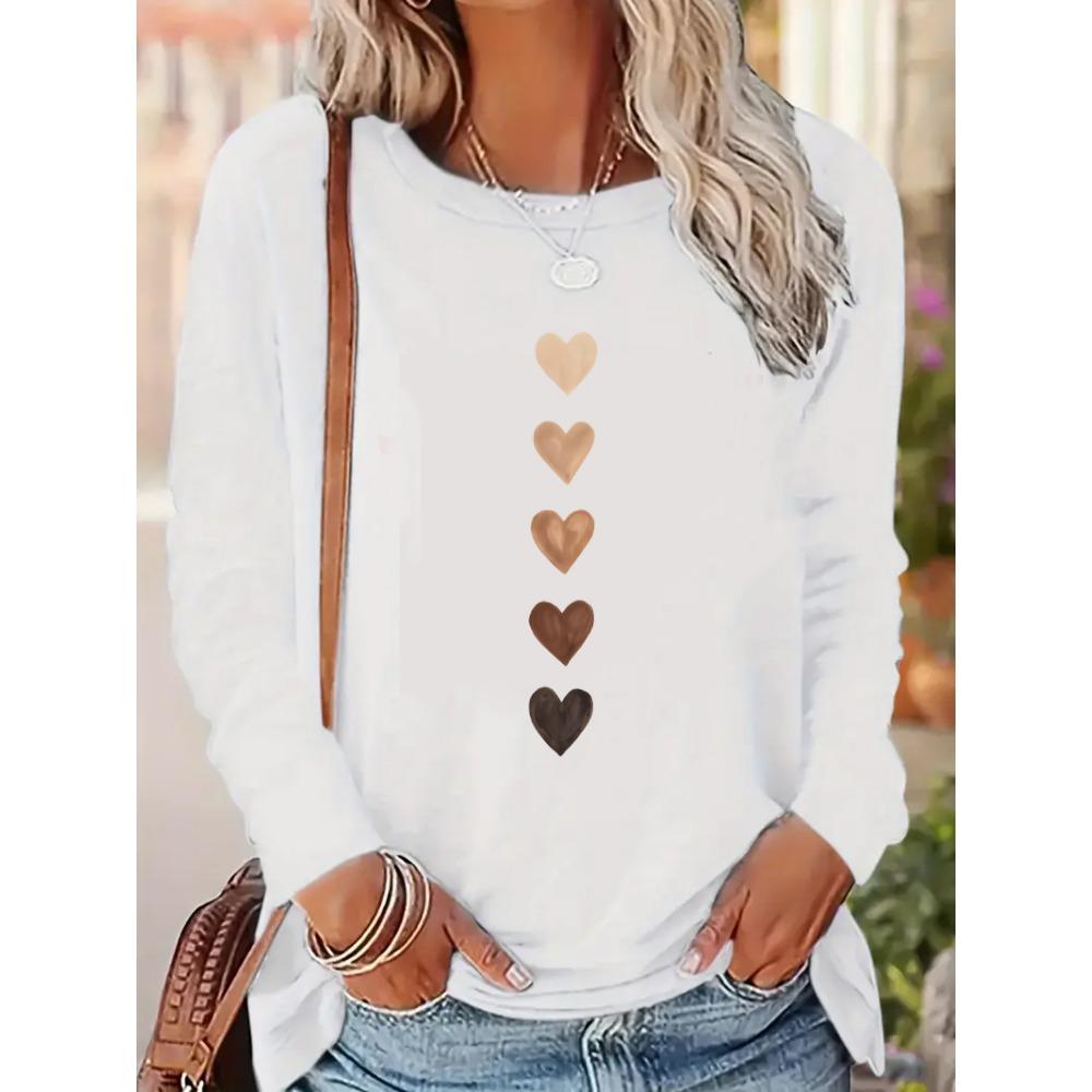 Love Heart Printed Long Sleeve Shirt Vintage T Shirt Women's Print T-Shirt Crew Neck Top Tee Tshirt Casual