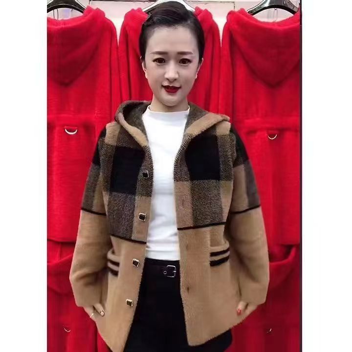 Mother's Imitation Double-sided Woolen Short Jacket Women's Autumn and Winter Middle-aged and Elderly Women's Large Size Plaid Woolen Zipper Jacket