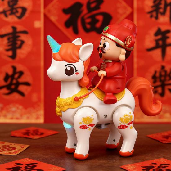 Electric God of Wealth Toy with Music LED Light Cartoon Riding Horse Fortune God Toy with Movable Joints Spring Festival New Year Gift