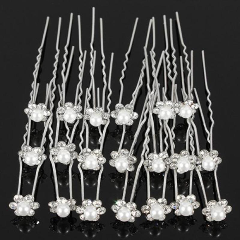 20Pcs Wedding Bridal Faux Pearl Rhinestone Flower Hair Stick Pins Clips Silver Color Jewelry