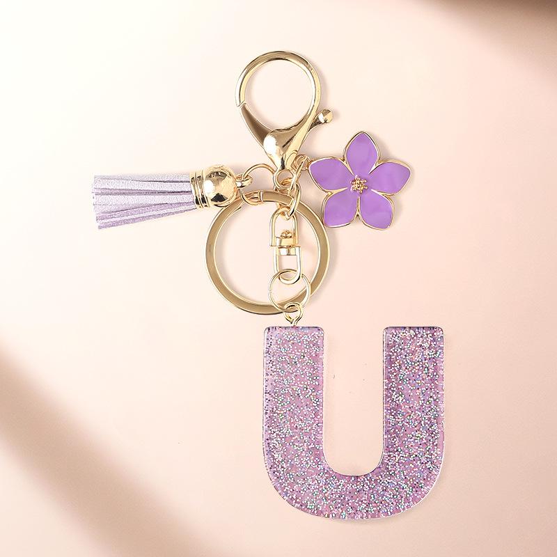 Flash Powder 26 English letters, diy, Resin keychain, purple flower, pendant, bag pendant, keychain, Christmas gift, Stocking stuffers