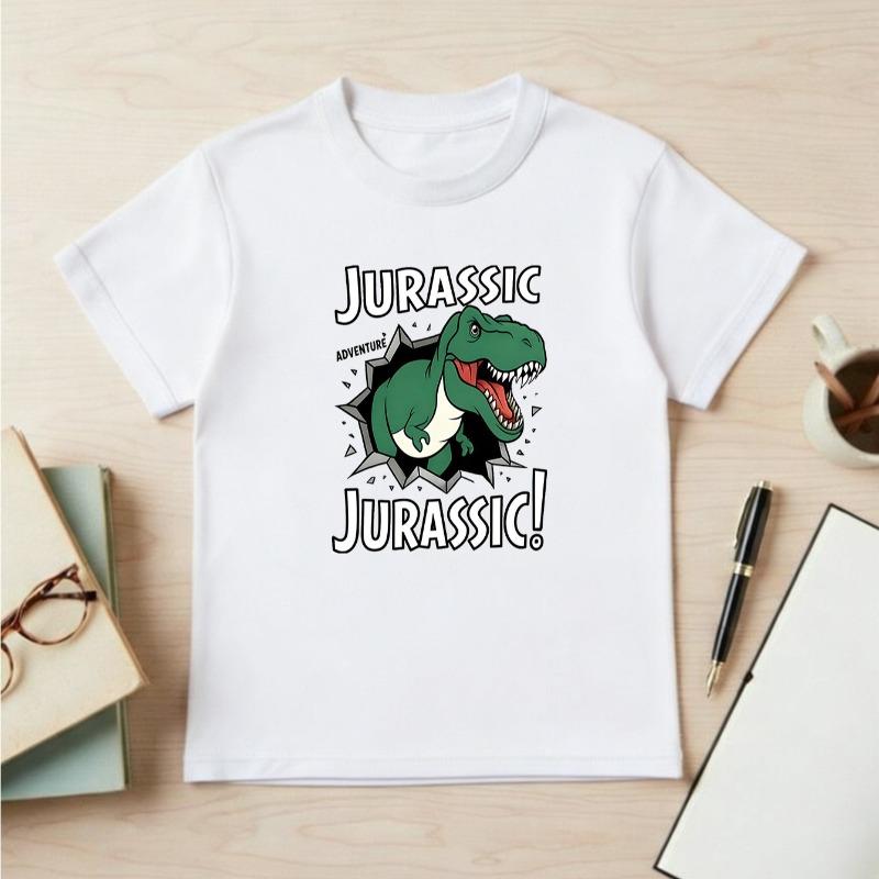 Kids Summer Crewneck Short Sleeve T-Shirt, Dinosaur Theme T-Rex & Jurassic Letter Print Casual Top 110