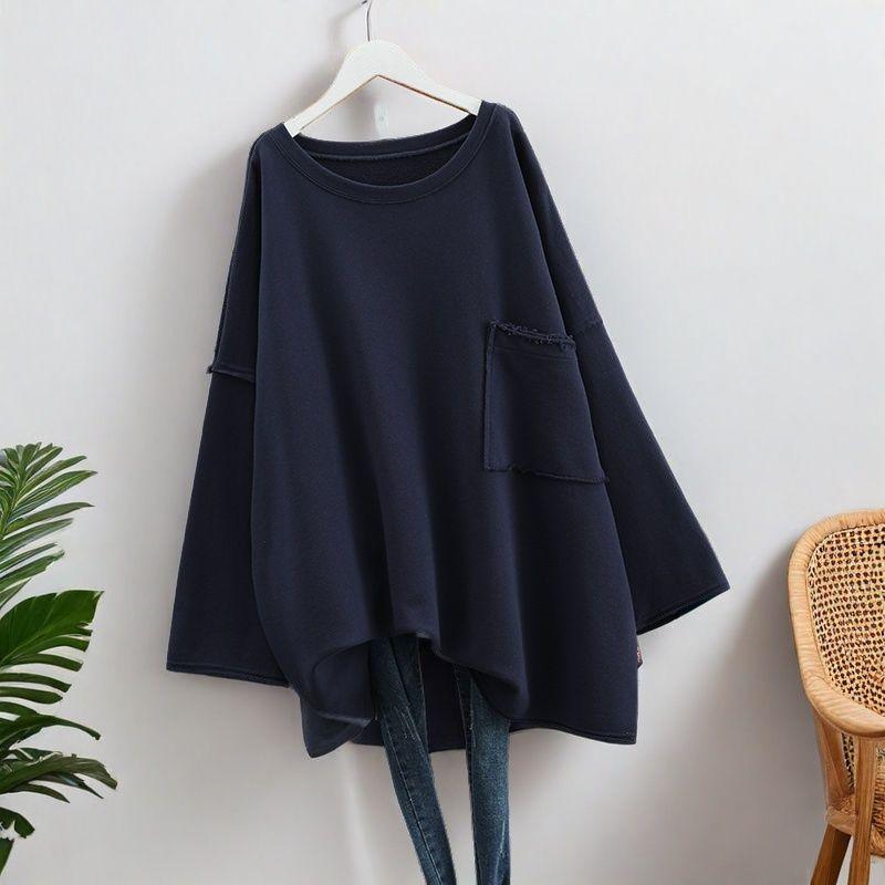Plus Size Women Solid Color Long Sleeve Pocket Hoodie Spring Autumn Loose Casual Oversized Tops Pullover