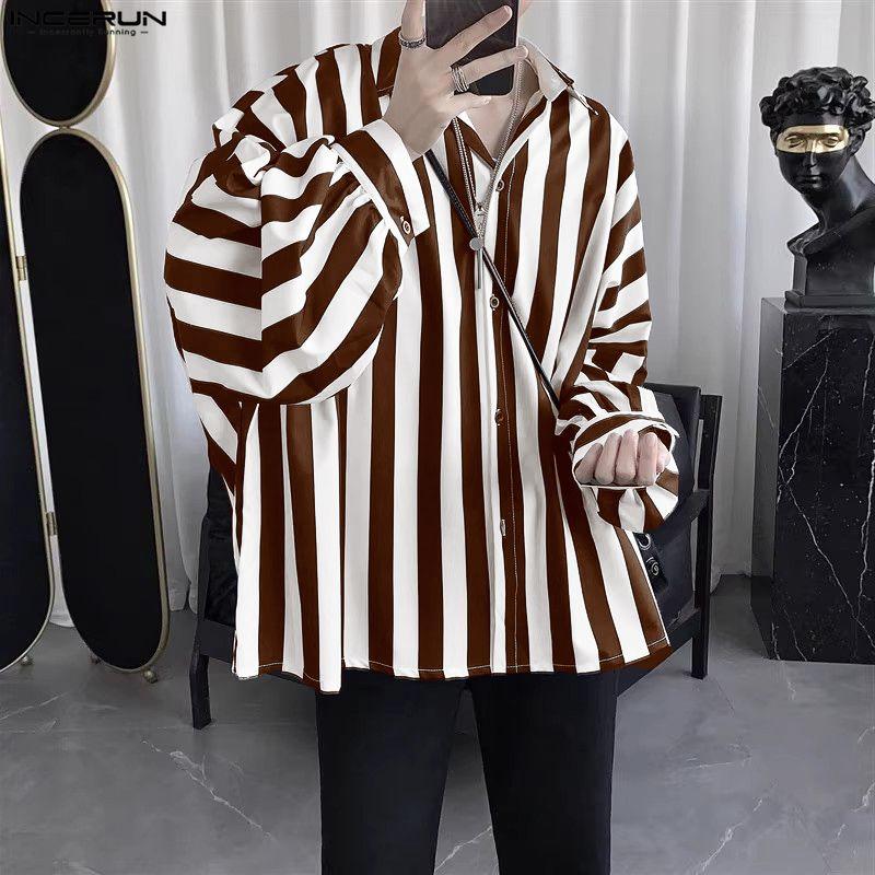 INCERUN Oversized Men Casual Lapel Neck Drop Shoulder Long Sleeve Striped Buttons Shirts Tops