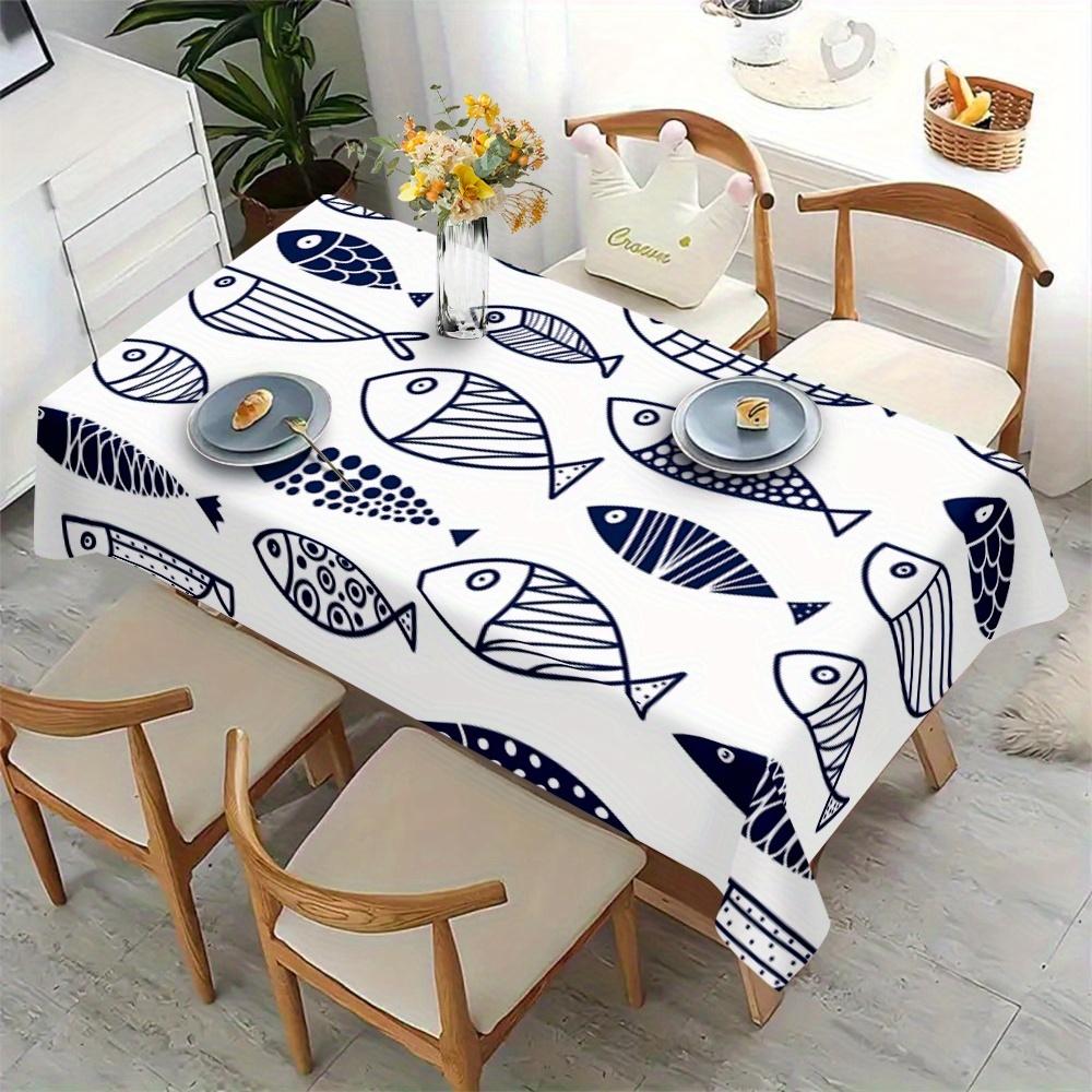 Jmg Household Supplies Unisex Blue Fish Pattern Rectangle Tablecloth For Table Decor Modern Simple Lines Print Kitchen Dining Table Cloth Holiday Party Decor