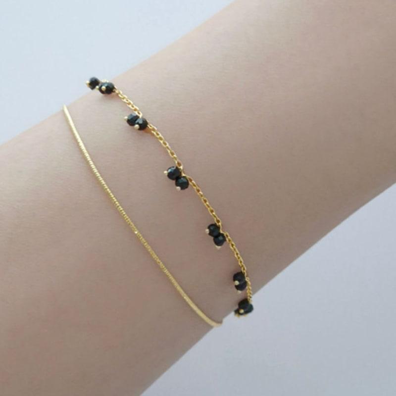 VOYONN Silver Double-Line Bracelet Gold Setting Beads Black 0009