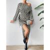 Stylish Long Sleeve Striped Skew Collar Women Sexy Dress Lace-up High Waist Elegant Dresses Women Casual Irregular Split Party Club Female Dress 25936