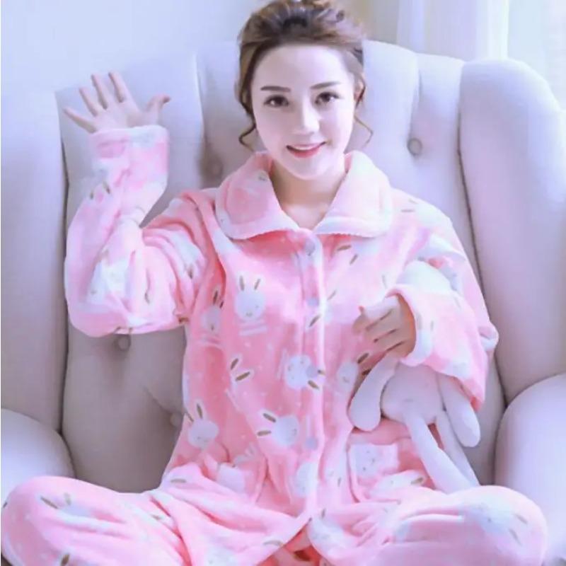 Thick Autumn Winter Warm Flannel Women Pyjamas Sets Long Sleeve Pijama Sleepwear Flannel Women Pajamas Set Home Wear