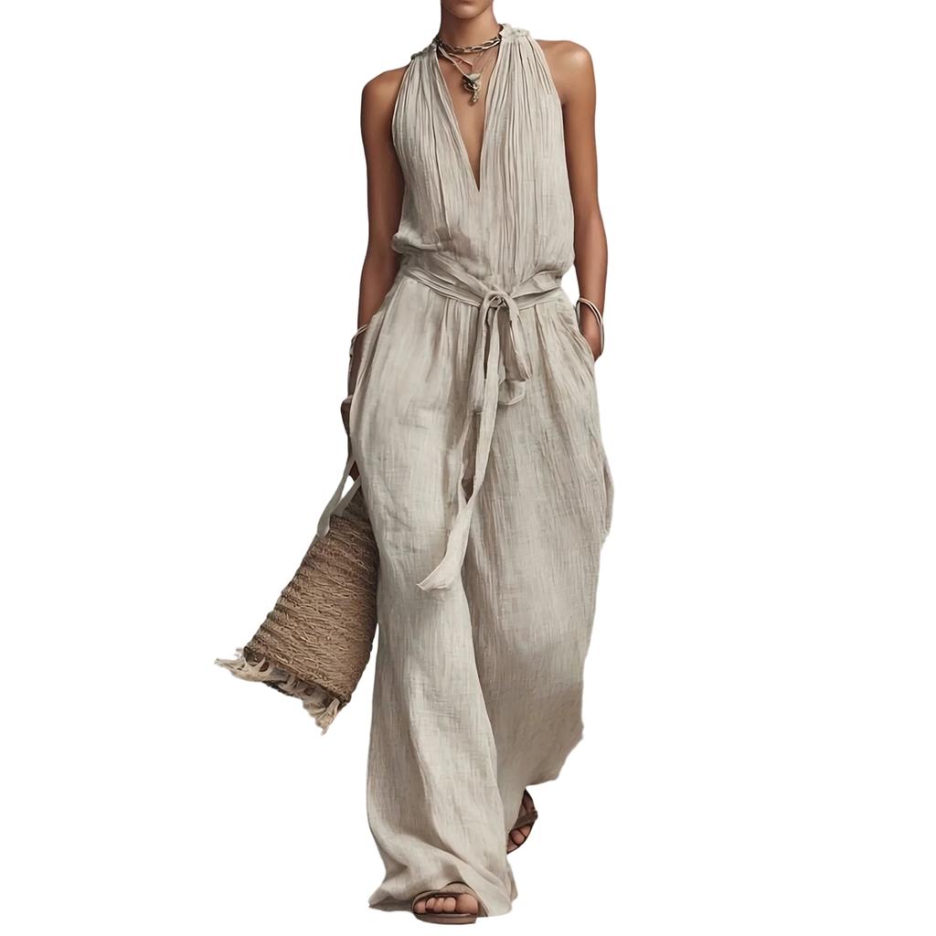 Women Sleeveless Cotton Linen Jumpsuit Casual Loose Fit Drawstring Waist Wide Leg One Piece Romper for Everyday Wear