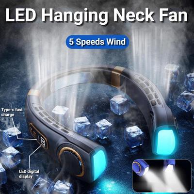 Taşınabilir Boyun Fan LED Dijital Ekran Yapraksız Dilsiz Mini Elektrikli Fan USB Şarj Edilebilir 5 Hız Boyun Soğutucu Atmosfer Işığı ile