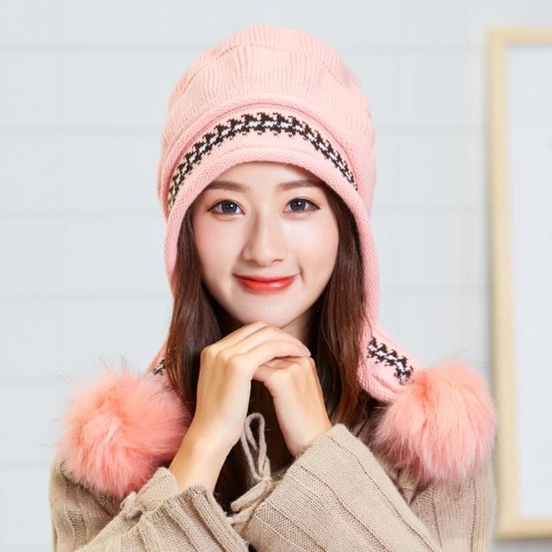 Hat Women's Winter Knitted Hair Ball Glove Set, Student Cycling Women's Fleece Thickened Thermal Ear Protector