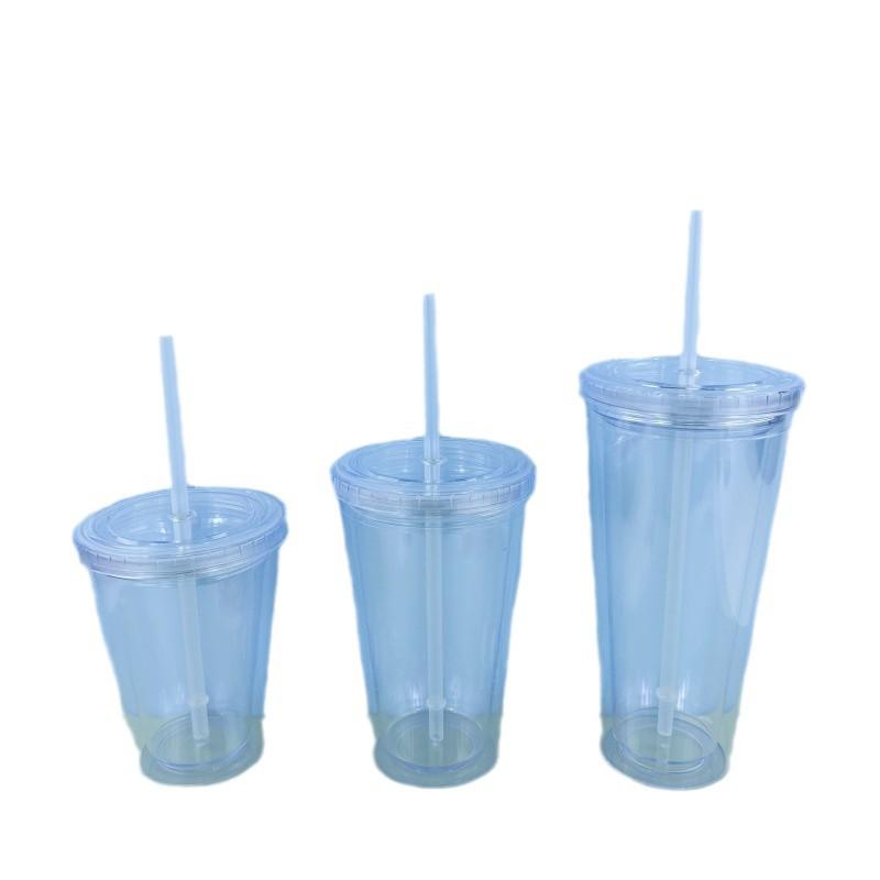 16oz Glitter Insert Double Layer Straw Cup with Lid - 450ML Transparent Solid Color