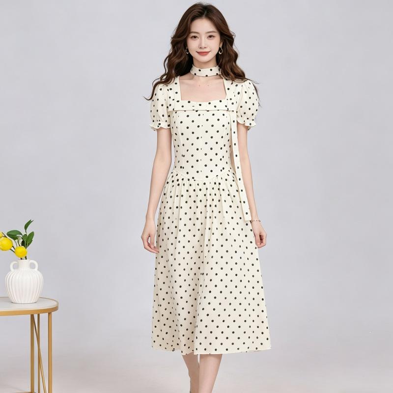 Summer new A-shaped skirt, soft French square collar polka dot dress, long dress, thin, sweet girl style long skirt