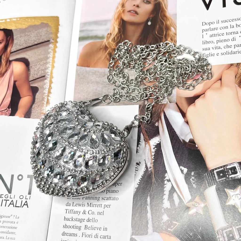 Luxury Small Bling Heart Shape Diamond Evening Clutch Rhinestones Purse Ladies Fashion Bag Designer for Women Chain Shoulder Bag