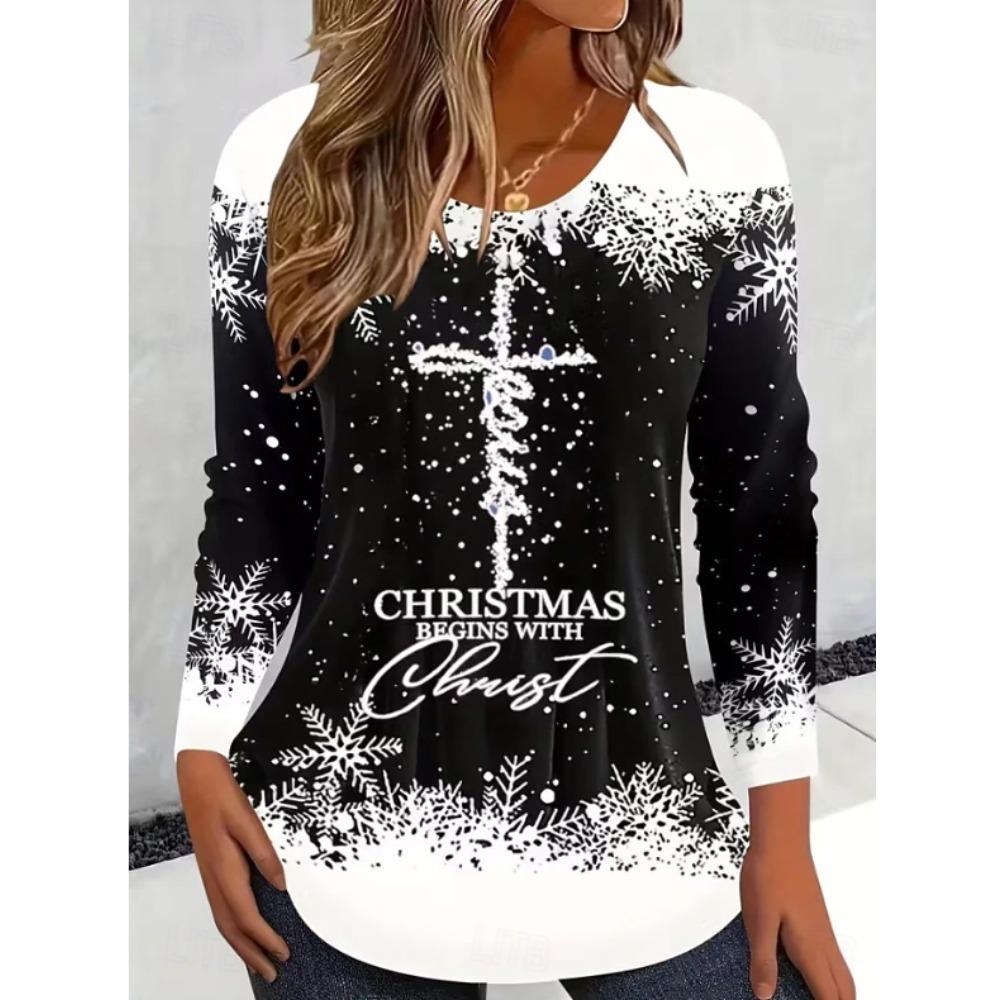 Tops for Women Christmas Season Print Round Neck Long Sleeve T-shirt Fall Casual Slim Pullover Women's Long Sleeve Top
