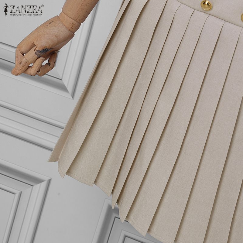ZANZEA Women Casual Round Neck Short Sleeve Elegant Pleated Dress
