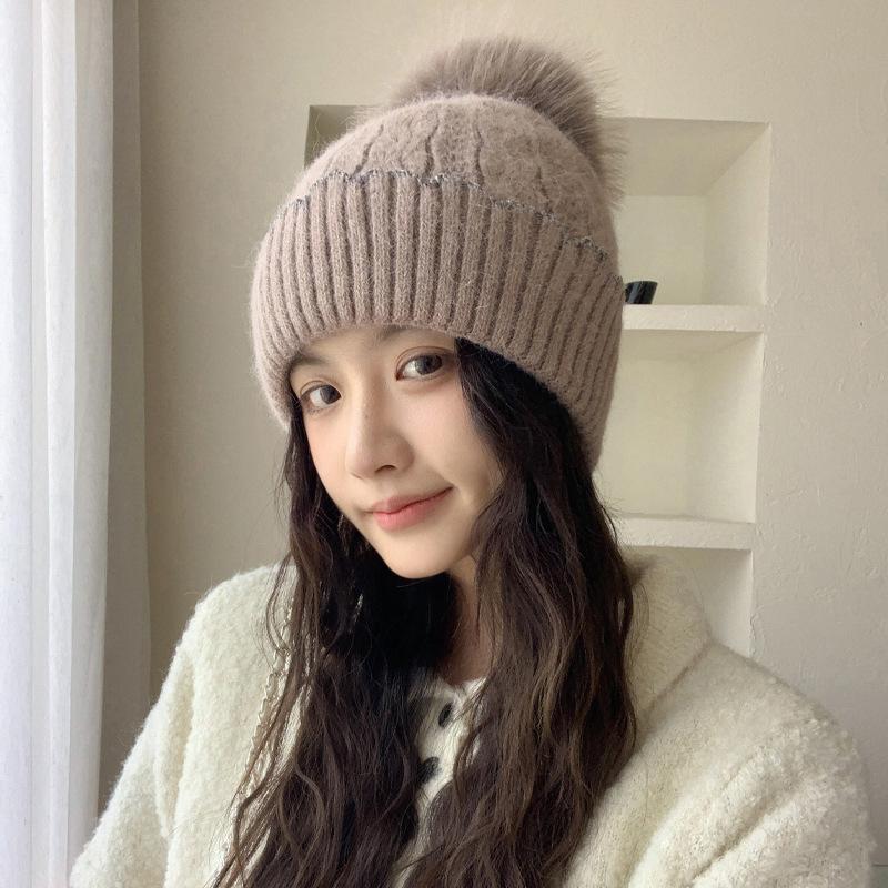 New Wool Hat Women's Autumn and Winter Warm and Cold Ear Protection Hat Fleece Thickened Hairball Knitted Hat