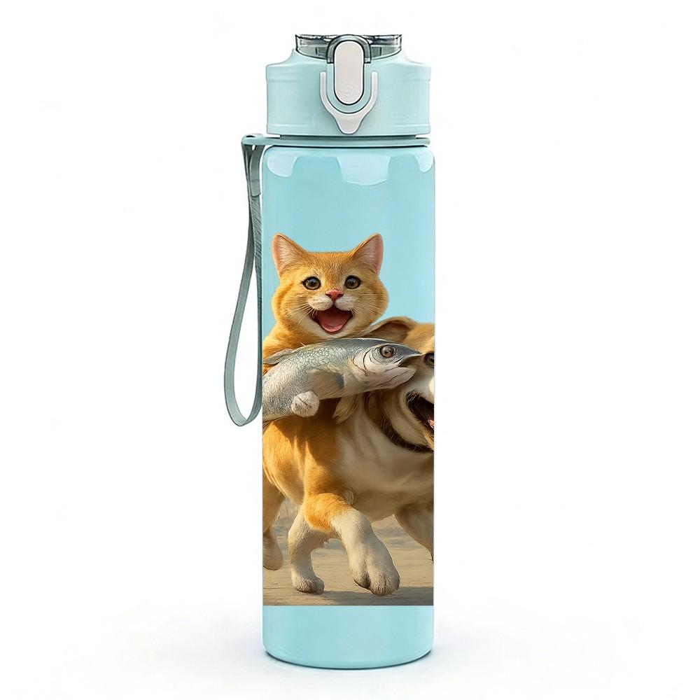 1PC Two Dogs Carrying Fish Bust 750ml Color Plastic Sports Water Bottle Leakproof Flip Straw Lid For Sports Office Home Use