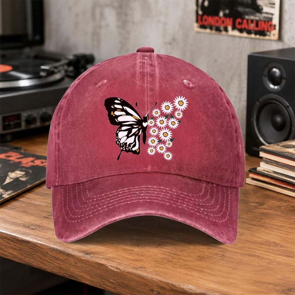 Butterfly Daisy Vintage Baseball Cap Unisex Washed Cotton Hat for Outdoor Sports Daily Wear