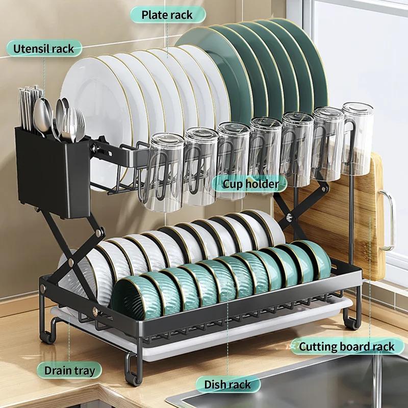 2-Tier Foldable Dish Storage Rack with Drip Tray, Countertop Kitchen Organizer, Easy to Install Plate & Bowl Drying Shelf