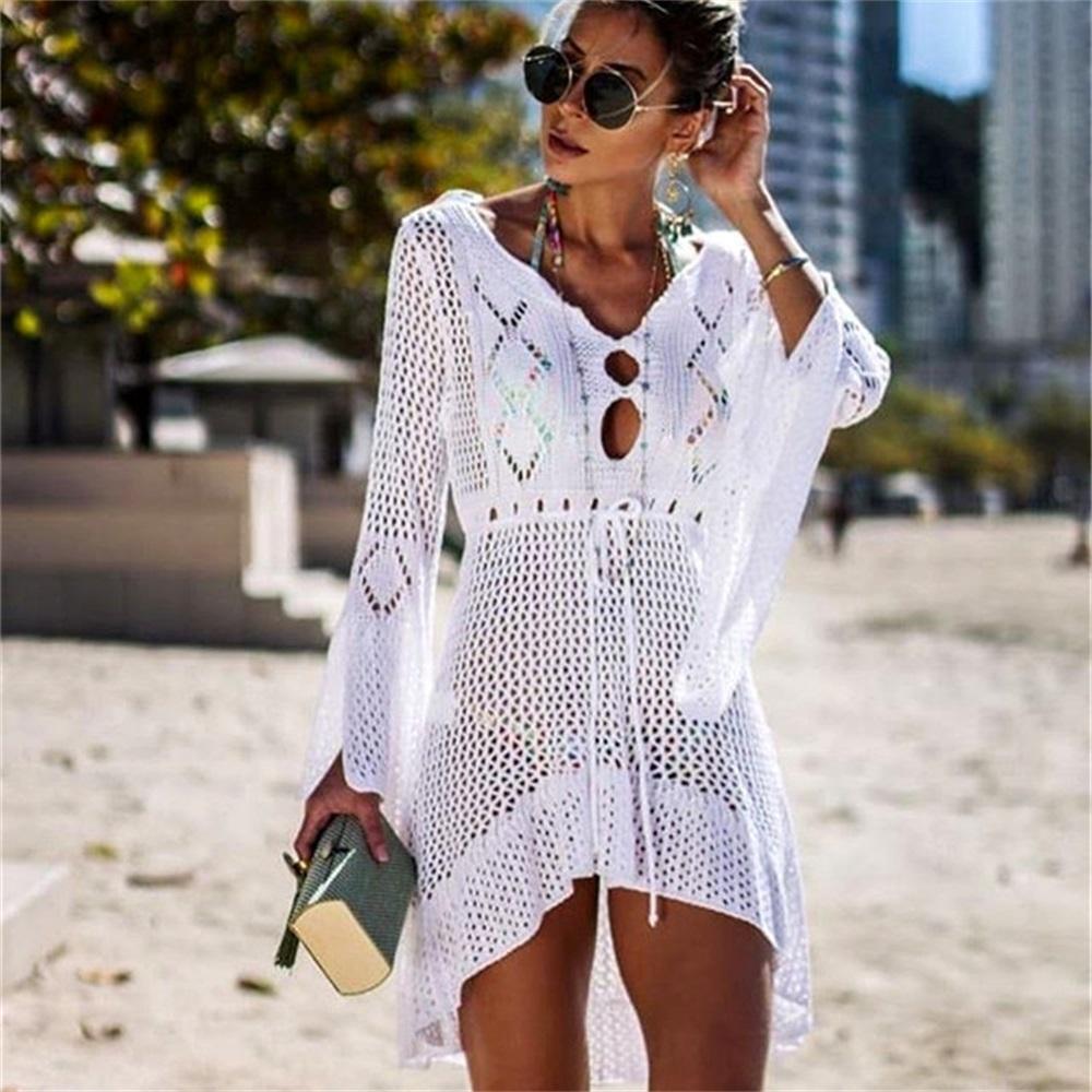 2025 New Beach Cover Up Bikini Crochet Knitted Tassel Tie Beachwear Summer Swimsuit Cover Up Sexy See-through Beach Dress