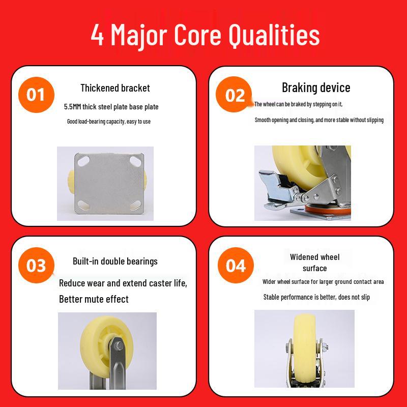 Heavy-Duty Silent Swivel Wheel with Brake - White Nylon, Thickened Steel Plate, High Load Capacity