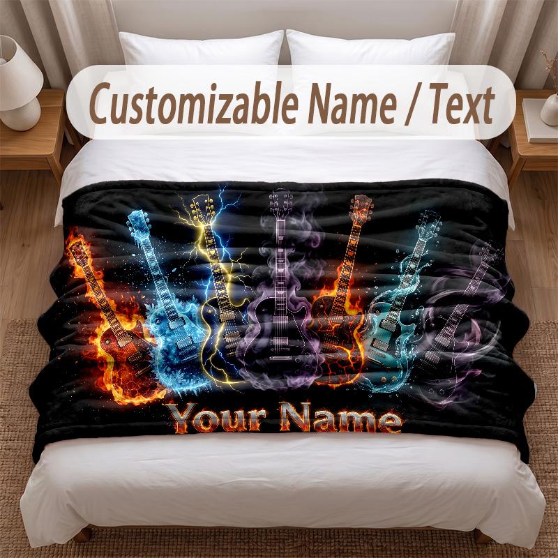 Music Guitar Theme Soft Blanket Personalized Custom Name Text Print Warm Blanket Home Sofa Bedroom Decor