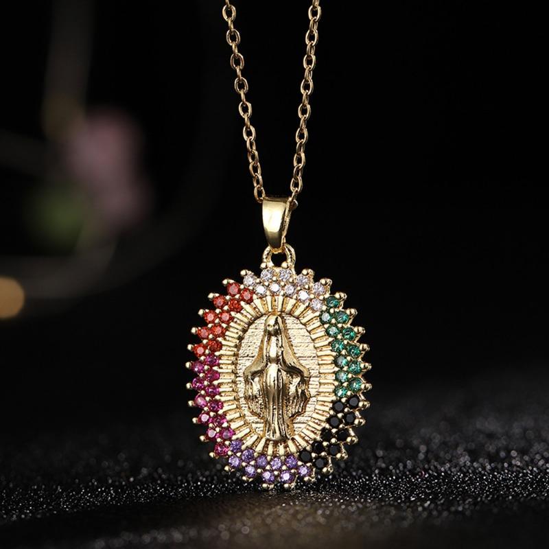 European and American Fashion Micro inlaid Color Zircon Pendant Women's Jewelry Virgin Mary Necklace