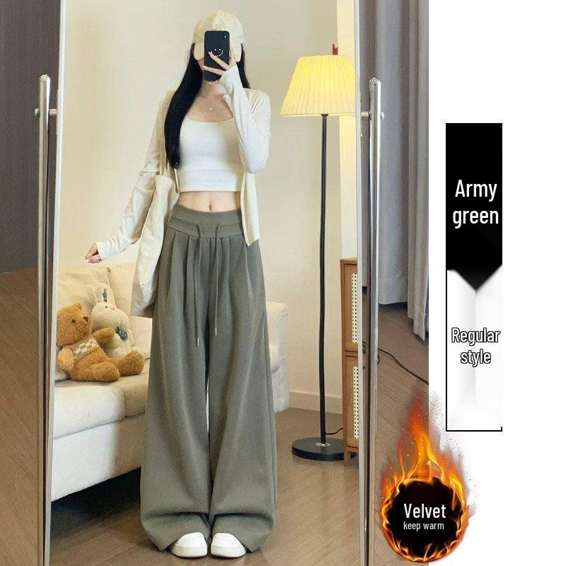 Women's Plus Velvet High-Waisted Wide-Leg Pants - Autumn/Winter Thickened Curve Drape Casual Wear
