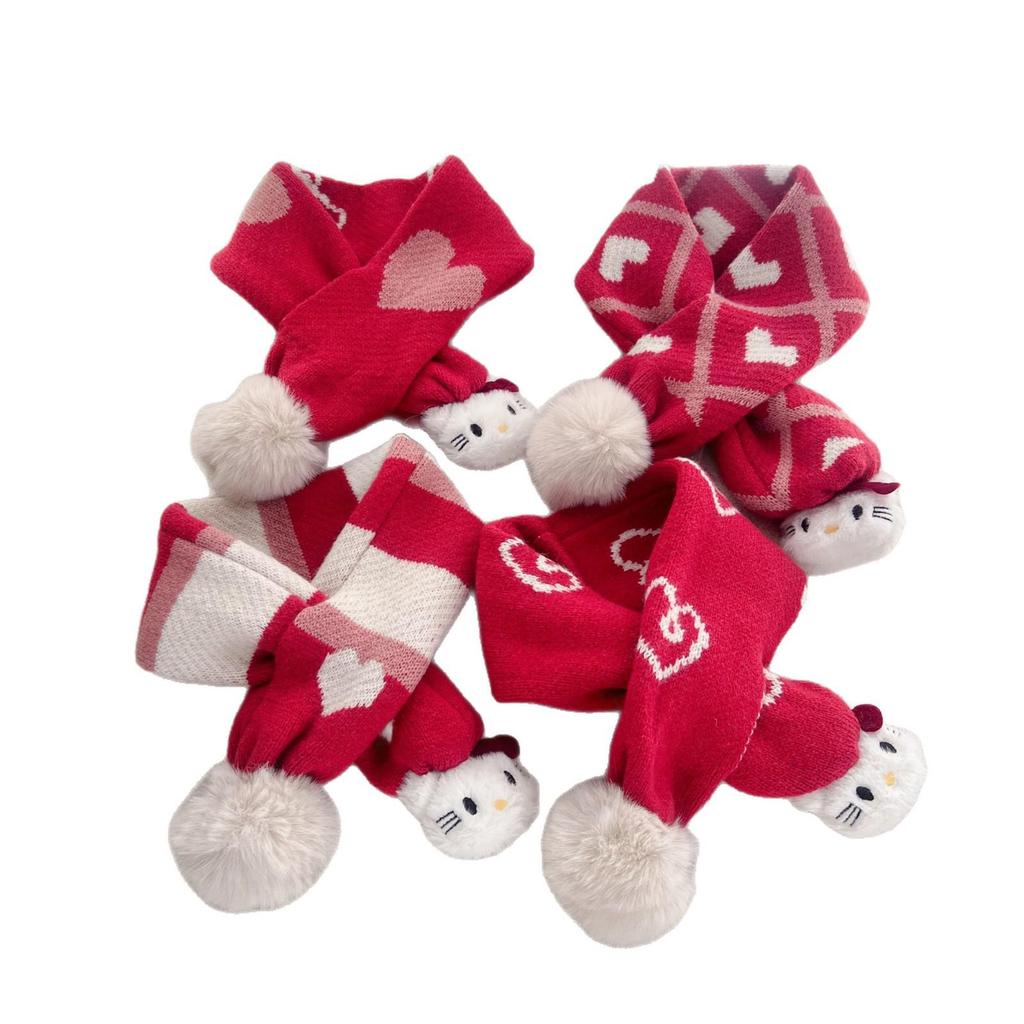 KT Kids' Red Heart Pom-Pom Scarf: Windproof, Warm, and Cute for Autumn/Winter Neck Protection