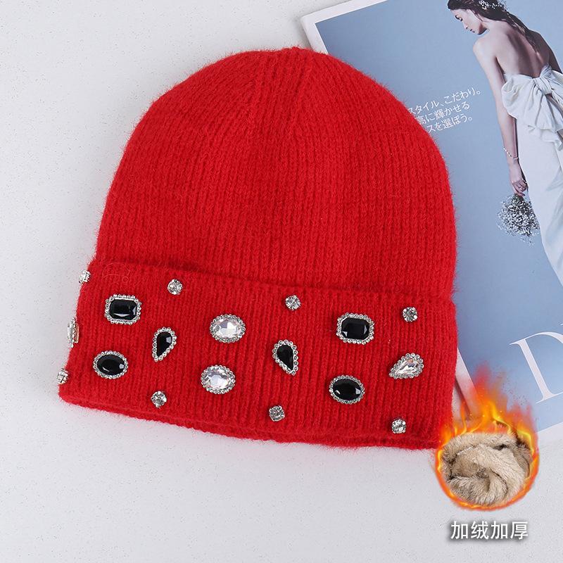 Source special-shaped rhinestone decorative knitted wool hat women's autumn and winter light luxury flanged velvet warm cold hat
