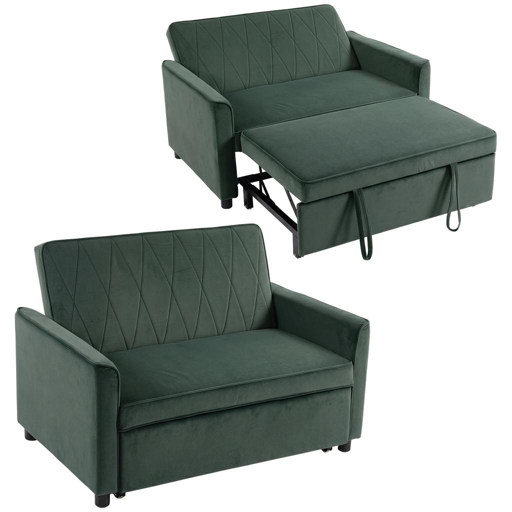 2 Seater Sofa Bed, 3-in-1 Convertible Pull Out Sleeper Sofa with Click-Clack Adjustable Backrest, Dark Green