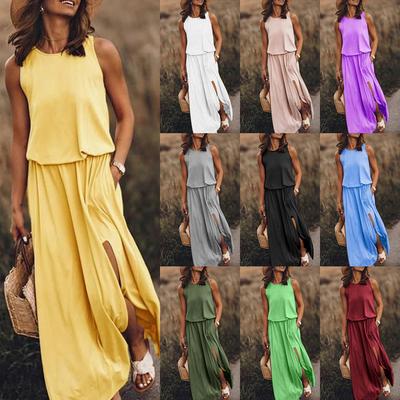 Casual Solid-Color Summer Women Sleeveless  Swing Long Dresses Party Beach Round Neck Summer Dresses