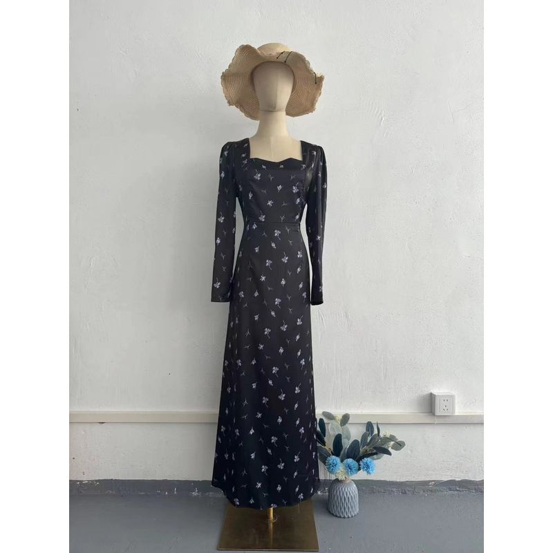 

European and American New Waist Hugging Elegant Square Collar Print Long sleeve dress Square Neck Printed Dress Picture Color 2XL