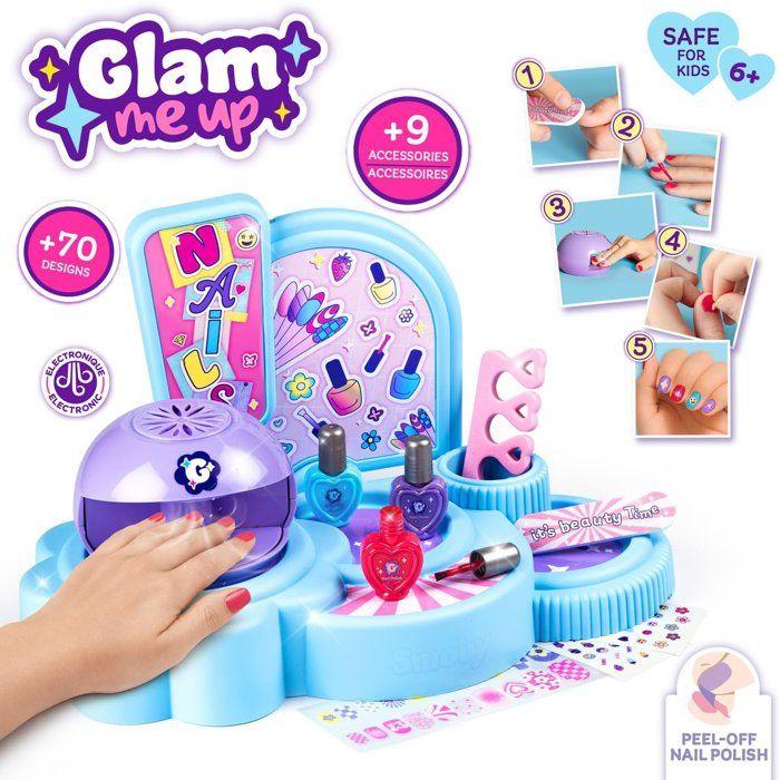 Smoby - Glam Nail Salon - Studio de Manucure Enfant - Sèche-Ongles - 3 Vernis - Lime - Stickers et Accessoires - Dès 6 ans