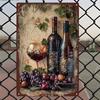 2D Flat - Vintage Metal Sign Plaque | Iron Painting with Wine Bottle, Glass, Grapes and Green Leaves Elements | 20*30cm/8*12inch