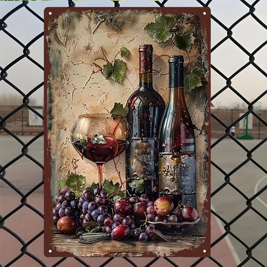 2D Flat - Vintage Metal Sign Plaque | Iron Painting with Wine Bottle, Glass, Grapes and Green Leaves Elements | 20*30cm/8*12inch
