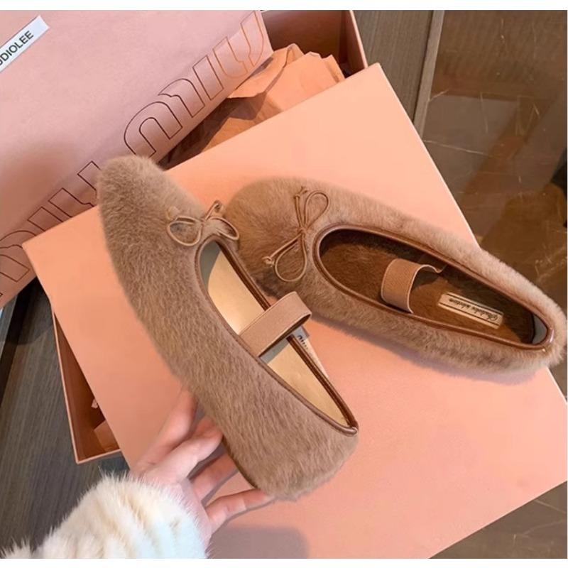New Fashion Sweet Pink Mink Fur Ballet Flats Women Round Toe Bowtie Plush Inside Mary Janes Shoes Female Elastic Band Moccasins