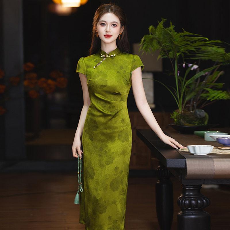 Green national style new Chinese Suzhou long cheongsam improved young 1011 new women's high-end dress summer