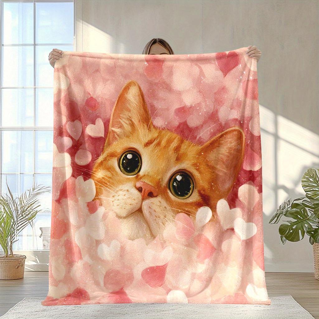 

Yellow cat and heart pattern Flannel printed blanket suitable for all seasons suitable for living room office sofa and travel 75x90cm